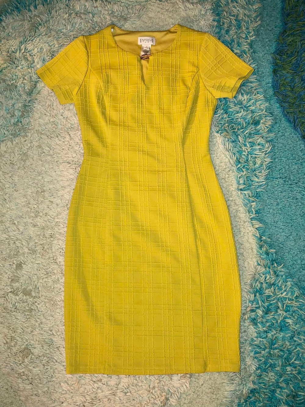 Enfocus Studio mustard yellow textured plaid sheath dress